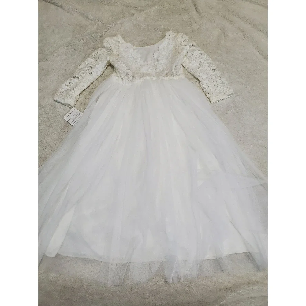 NWT David's Bridal White Tulle Lace Dress Girl 5 Flower Formal Wedding Occasion - Picture 7 of 10